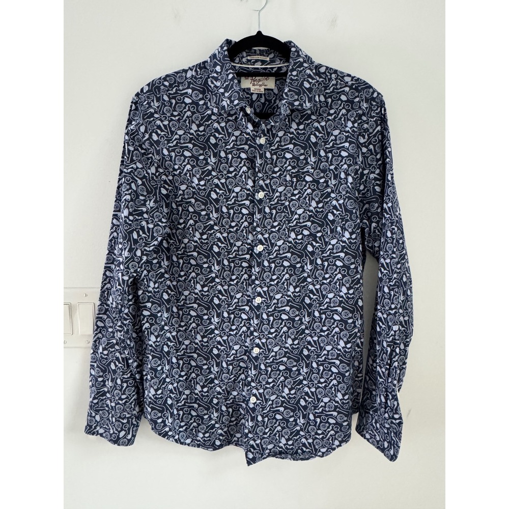 Original Penguin Mens Heritage Slim Fit Navy Dapper Novelty Print Shirt Medium